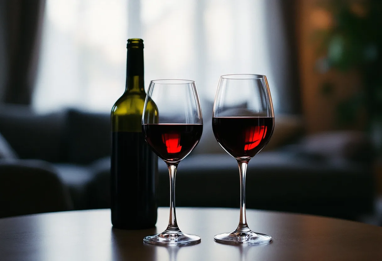 Dva kozarca vina na mizi v zatemnjeni sobi